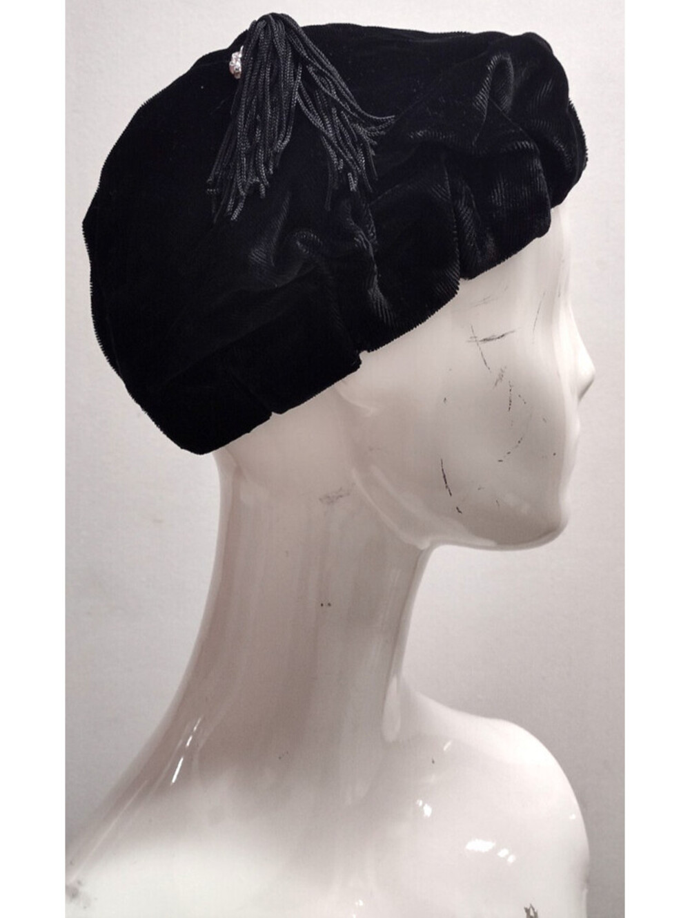 Vintage Hat Cap Black Velvet Beret Fancy Tassel Rayon Taffeta Lining 80s - 1950s